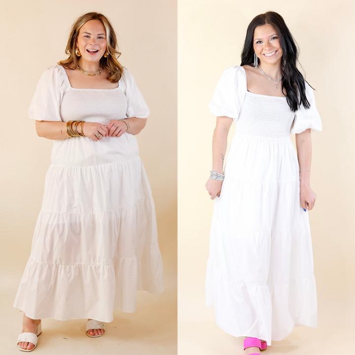 Santorini Sunshine Short Balloon Sleeve Maxi Dress in White - Giddy Up Glamour Boutique