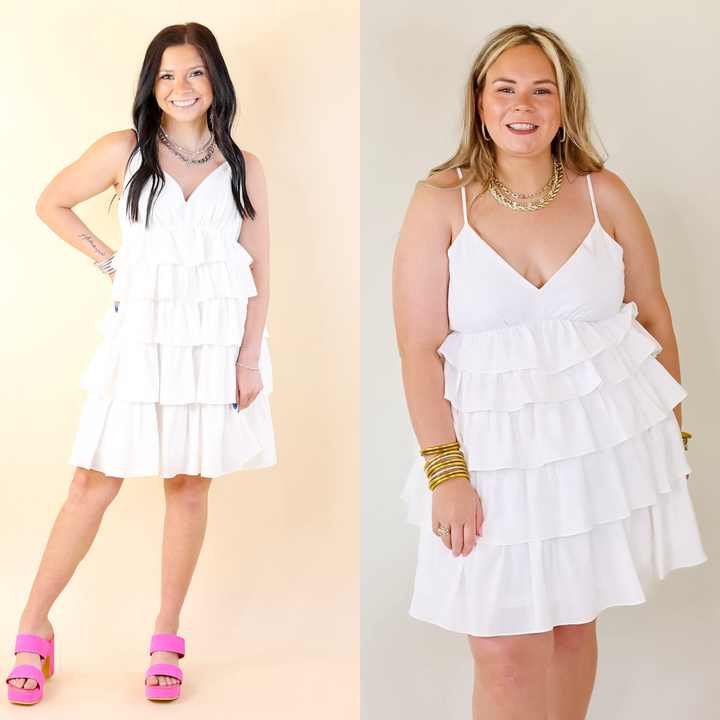 Dare to Dance Ruffled Spaghetti Strap Dress in White - Giddy Up Glamour Boutique