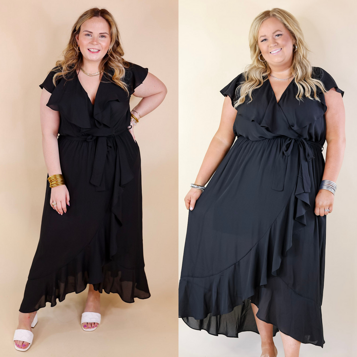 Tranquil Touch Ruffle Midi Dress with Waist Tie in Black - Giddy Up Glamour Boutique