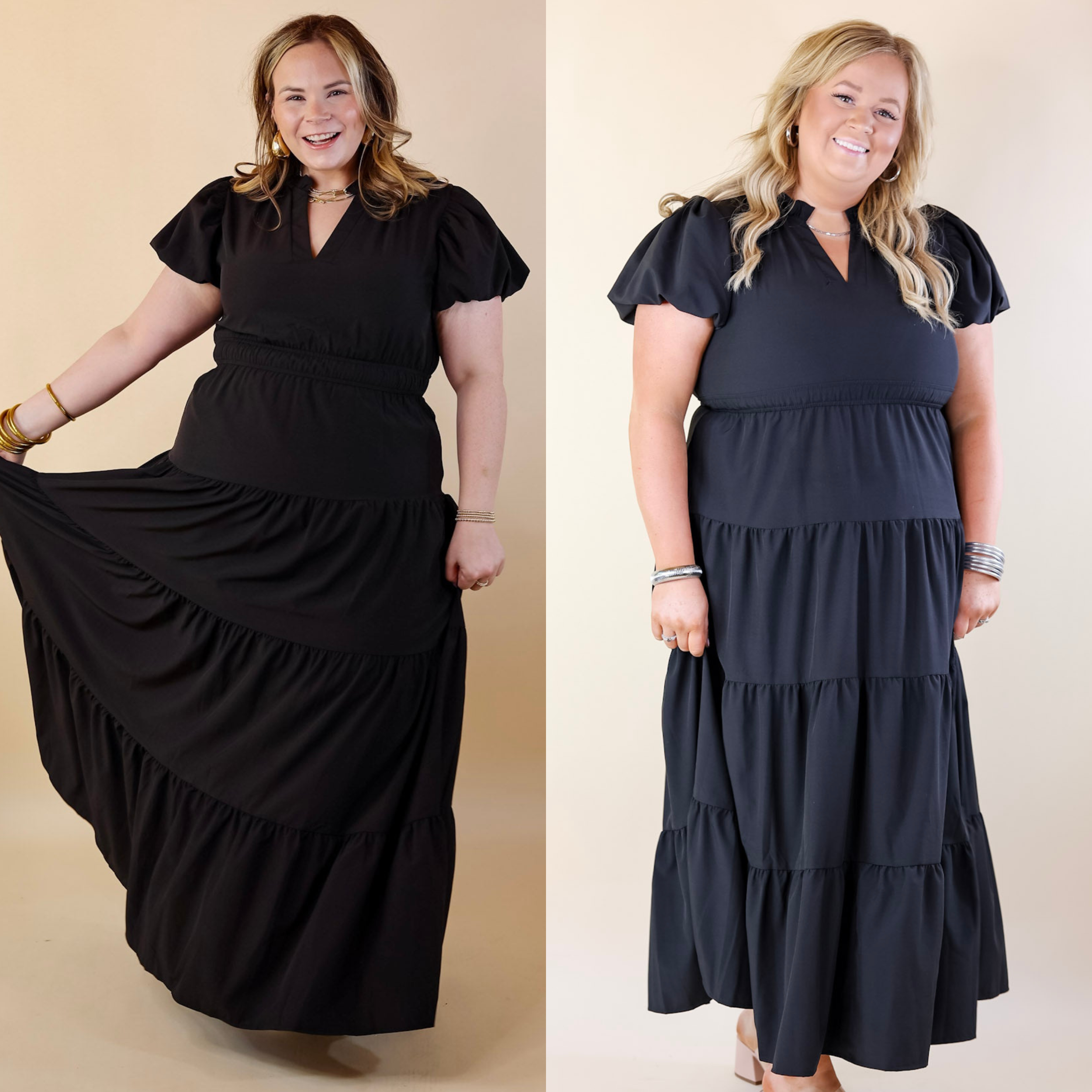Table for Two Tiered Maxi Dress with Puff Sleeves in Black - Giddy Up Glamour Boutique