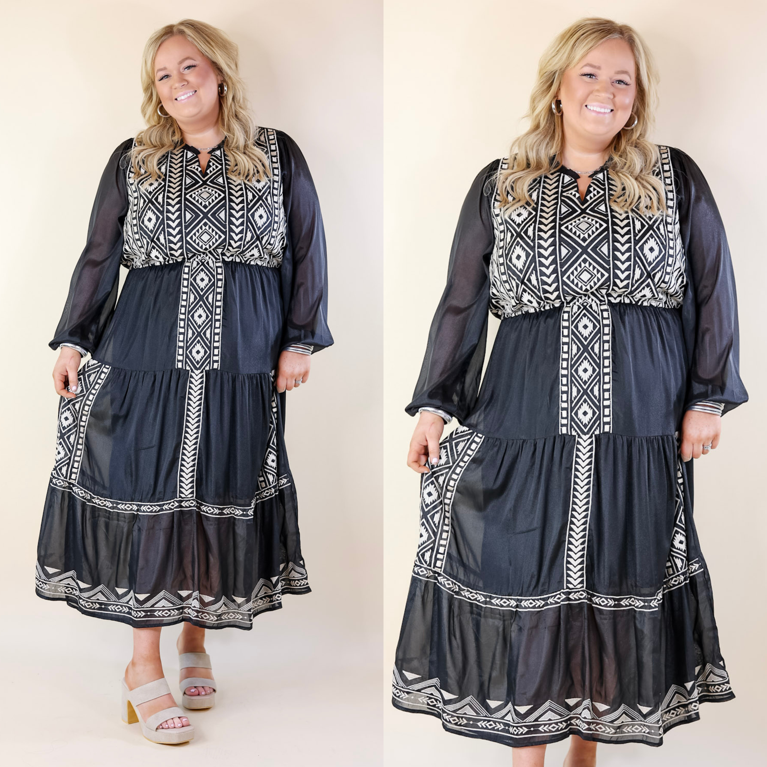 Bring The Drama Ivory Embroidered Maxi Dress with Long Sleeves in Black - Giddy Up Glamour Boutique