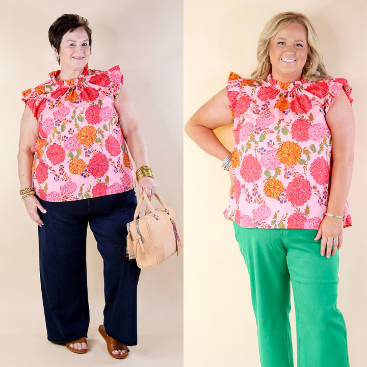 Blossom Breeze Floral Print Ruffle Cap Sleeve Top in Pink - Giddy Up Glamour Boutique