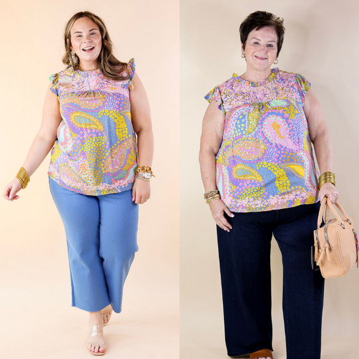 Miracles Everywhere Floral and Paisley Print Blouse with Ruffle Cap Sleeves in Blue Mix - Giddy Up Glamour Boutique