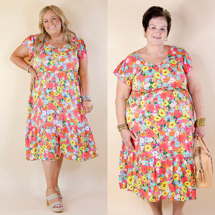 Coastal Charisma Floral Midi Dress with Ruffle Cap Sleeves in Pink Mix - Giddy Up Glamour Boutique