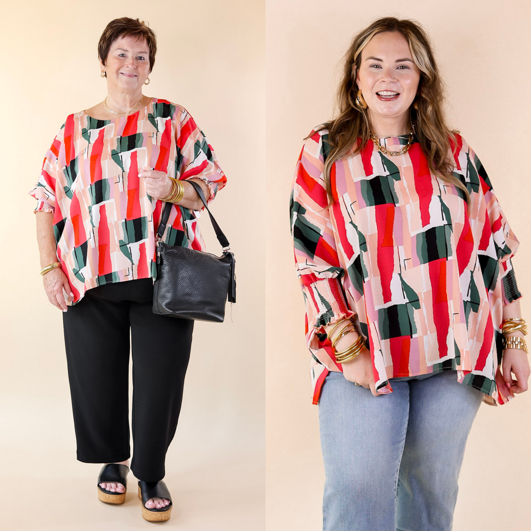 Museum Bound Abstract Print Top in Red and Green - Giddy Up Glamour Boutique