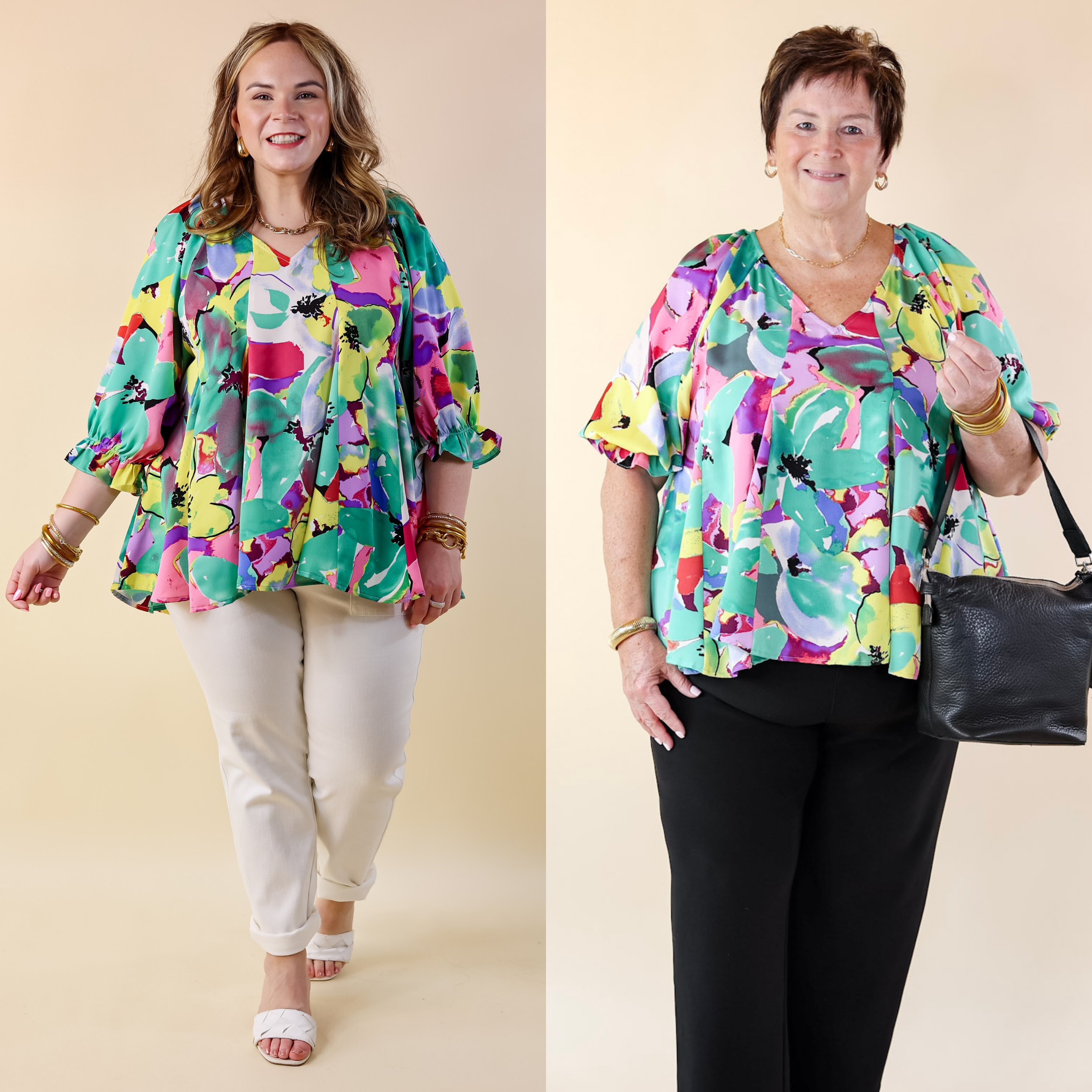Blooming Love Floral V Neck Top with Half Sleeves in Green Mix - Giddy Up Glamour Boutique