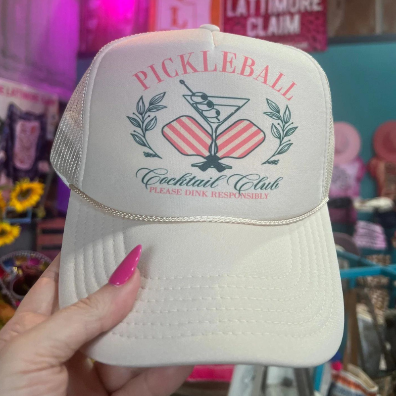 Online Exclusive | Pickleball Cocktail Club Coquette Foam Trucker Cap in Solid Cream - Giddy Up Glamour Boutique