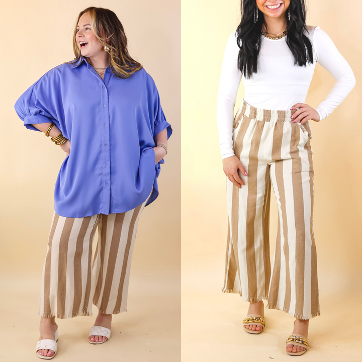 Right On Cue Elastic Waistband Striped Cropped Pants with Frayed Hem in Taupe - Giddy Up Glamour Boutique