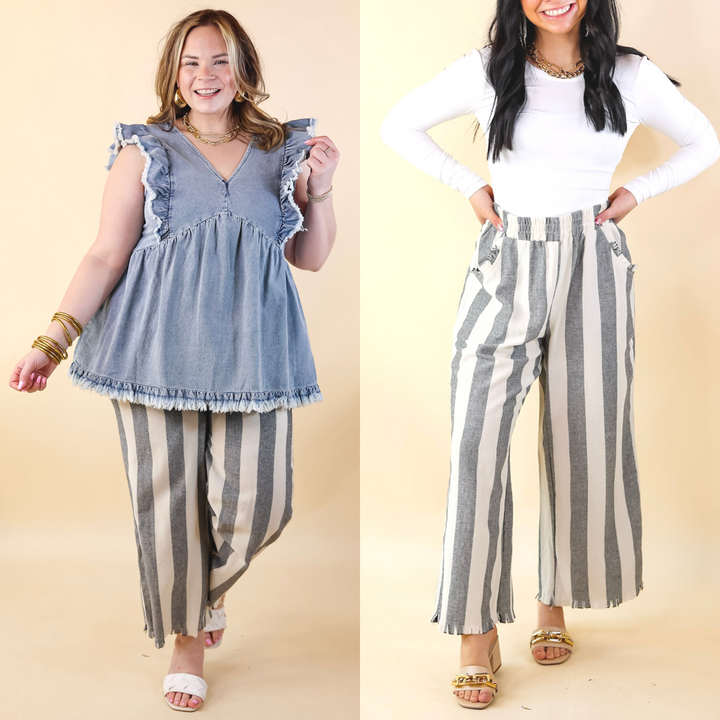 Right On Cue Elastic Waistband Striped Cropped Pants with Frayed Hem in Black - Giddy Up Glamour Boutique