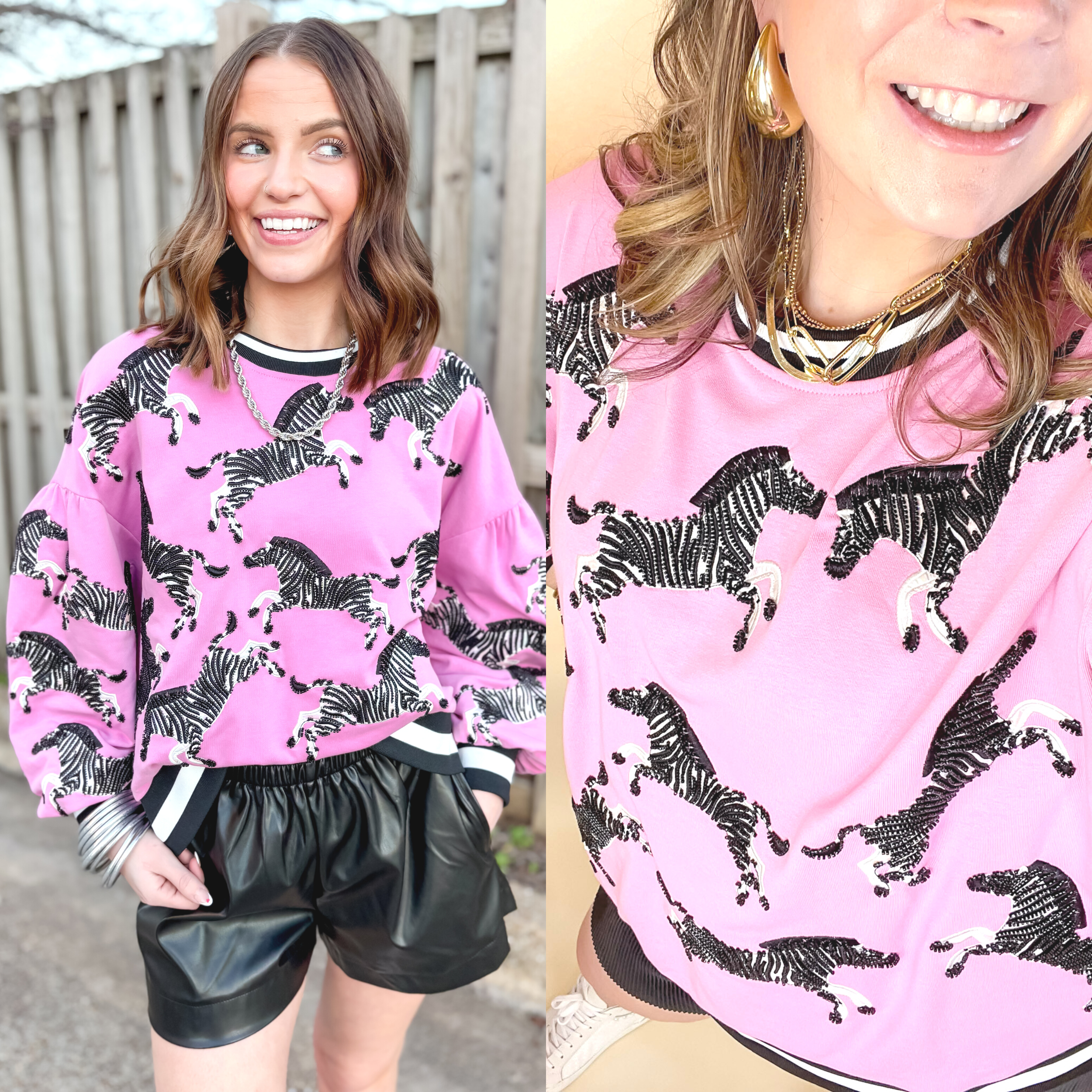 Queen Of Sparkles | Wild Expedition Fully Beaded Zebra Print Long Sleeve Sweatshirt in Pink - Giddy Up Glamour Boutique