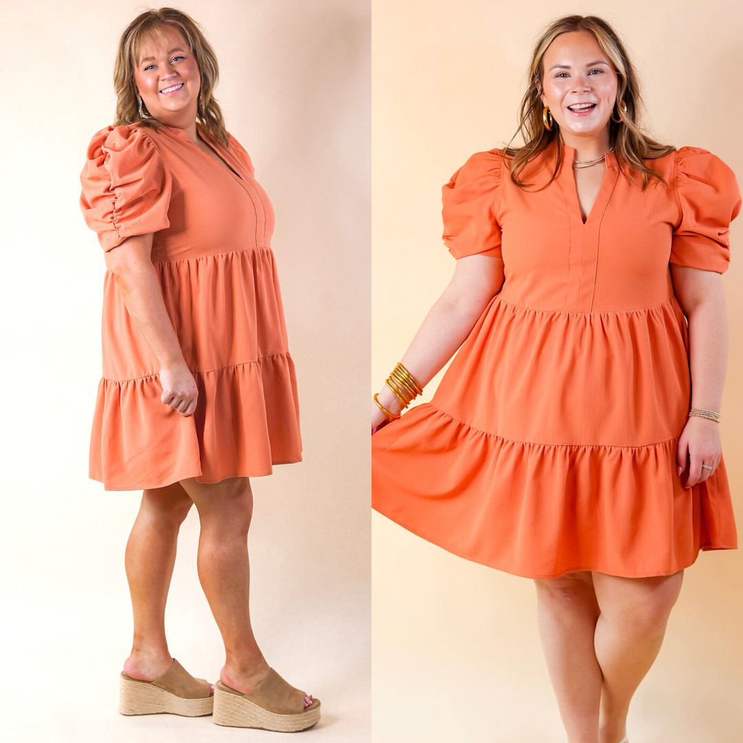 Call Me Chic Balloon Sleeve Short Dress in Salmon Orange - Giddy Up Glamour Boutique