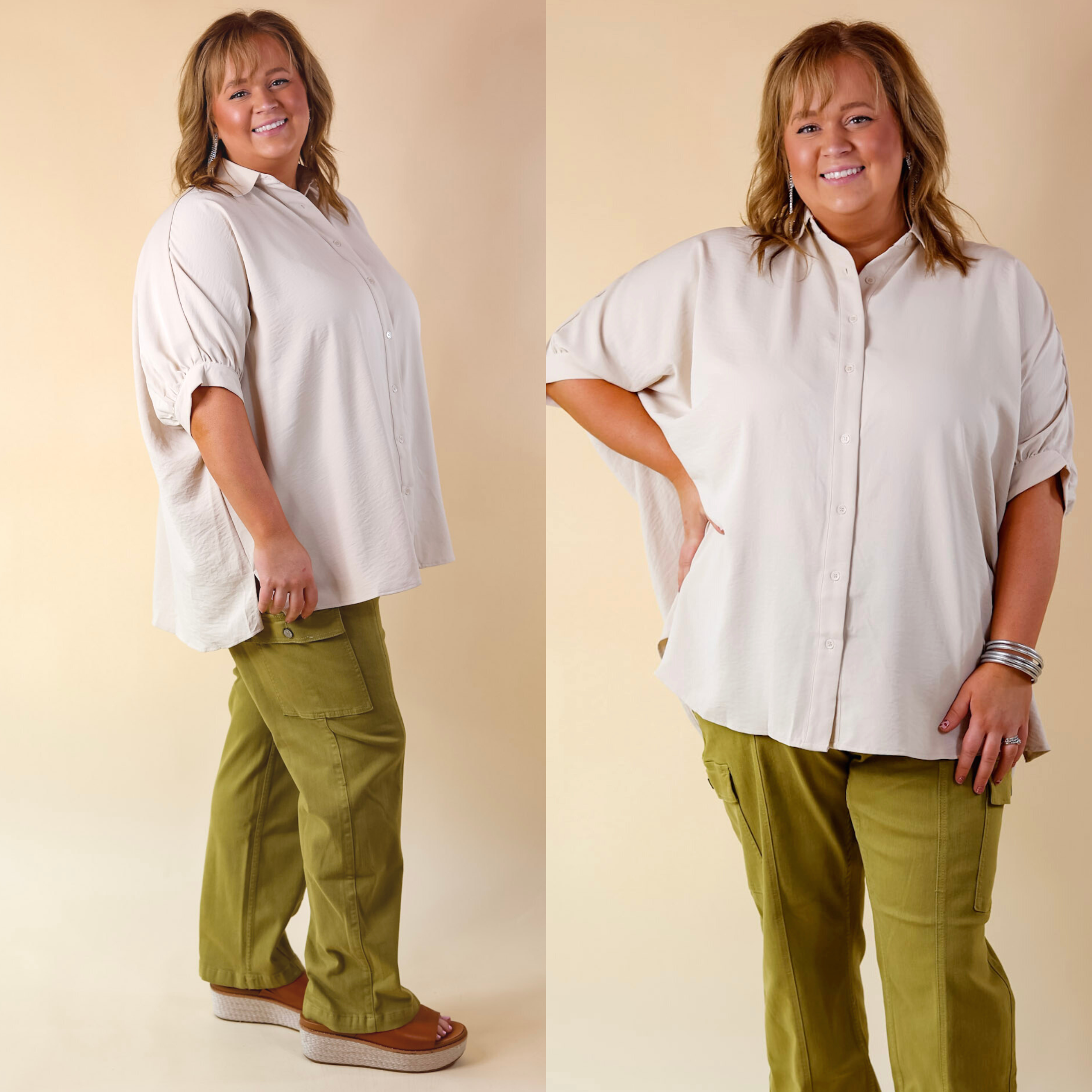 City Lifestyle Button Up Half Sleeve Poncho Top in Cream - Giddy Up Glamour Boutique