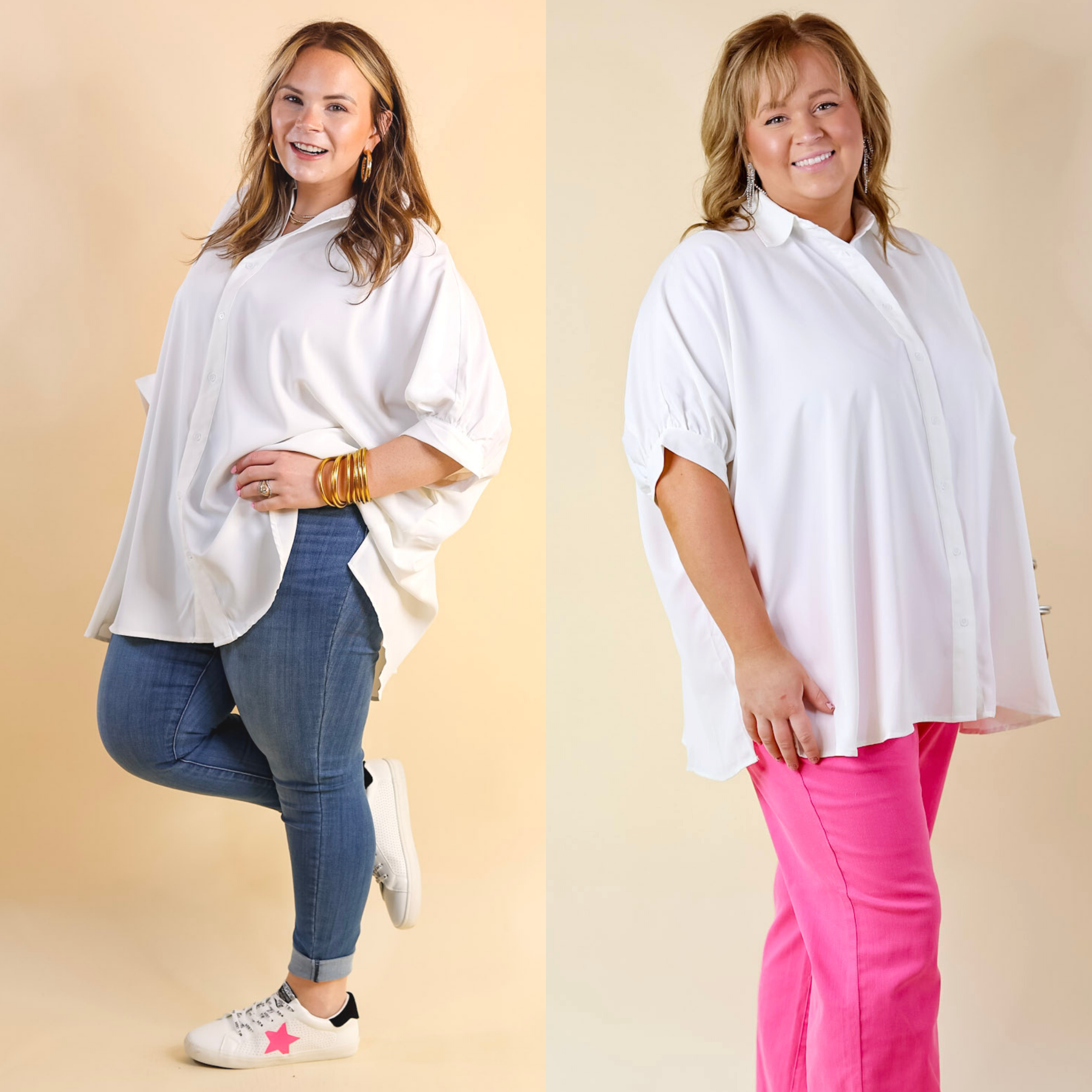 City Lifestyle Button Up Half Sleeve Poncho Top in Off White - Giddy Up Glamour Boutique
