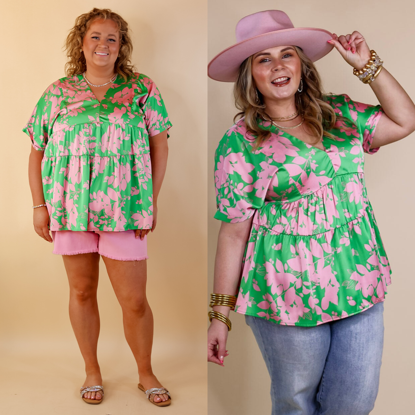 Merlot Meeting Floral Print V Neck Satin Babydoll Top in Green - Giddy Up Glamour Boutique