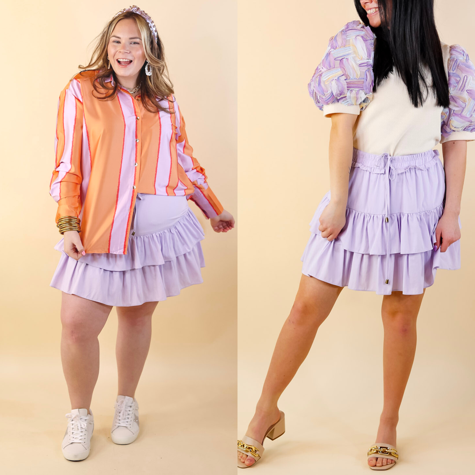 Vibrant Vibes Tiered Skort with Drawstring Waist in Lavender Purple - Giddy Up Glamour Boutique