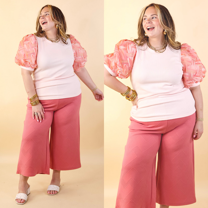 Spring Girls Multi-Color Geometric Stripe Tulle Balloon Sleeve Top in Pink - Giddy Up Glamour Boutique