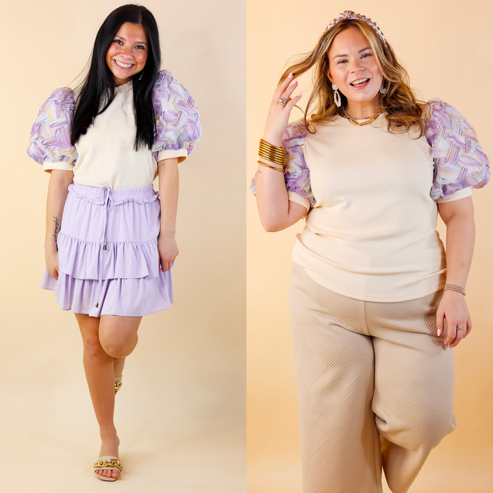 Spring Girls Multi-Color Geometric Stripe Tulle Balloon Sleeve Top in Purple - Giddy Up Glamour Boutique