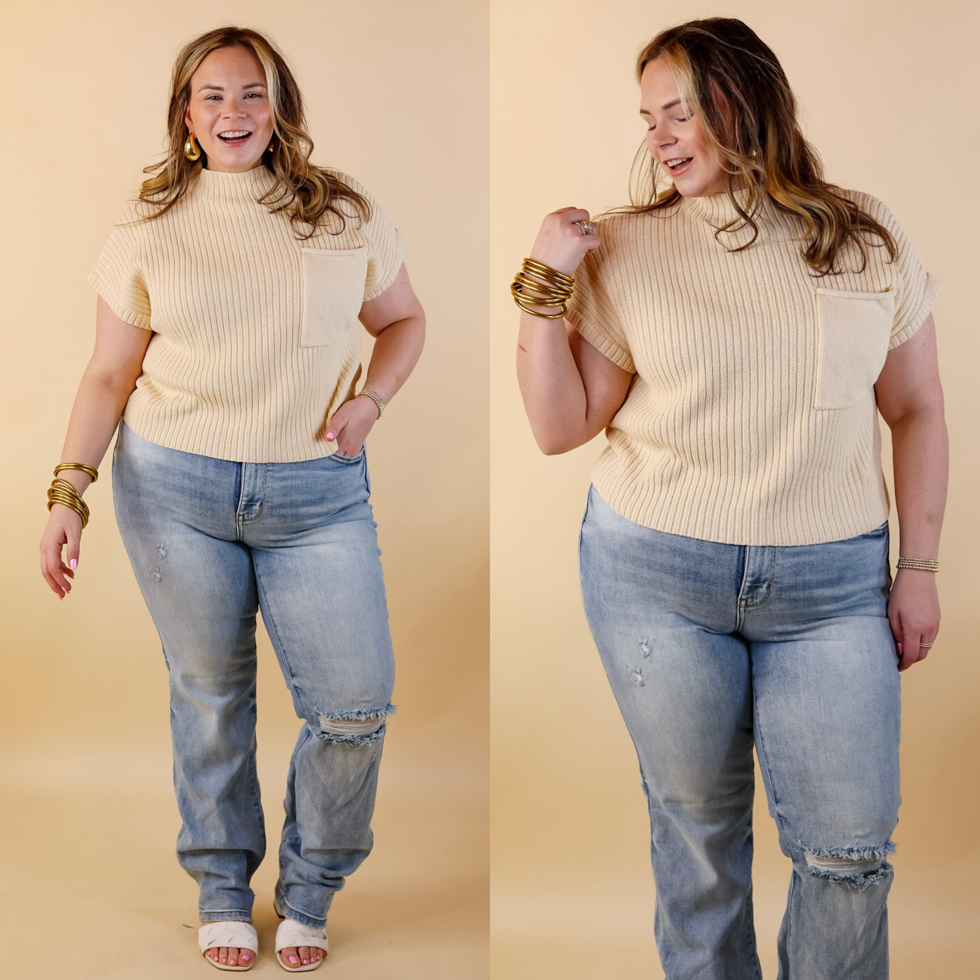City Sights Cap Sleeve Summer Sweater Top with Pocket in Beige - Giddy Up Glamour Boutique