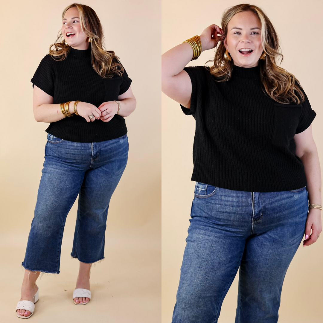 City Sights Cap Sleeve Summer Sweater Top with Pocket in Black - Giddy Up Glamour Boutique