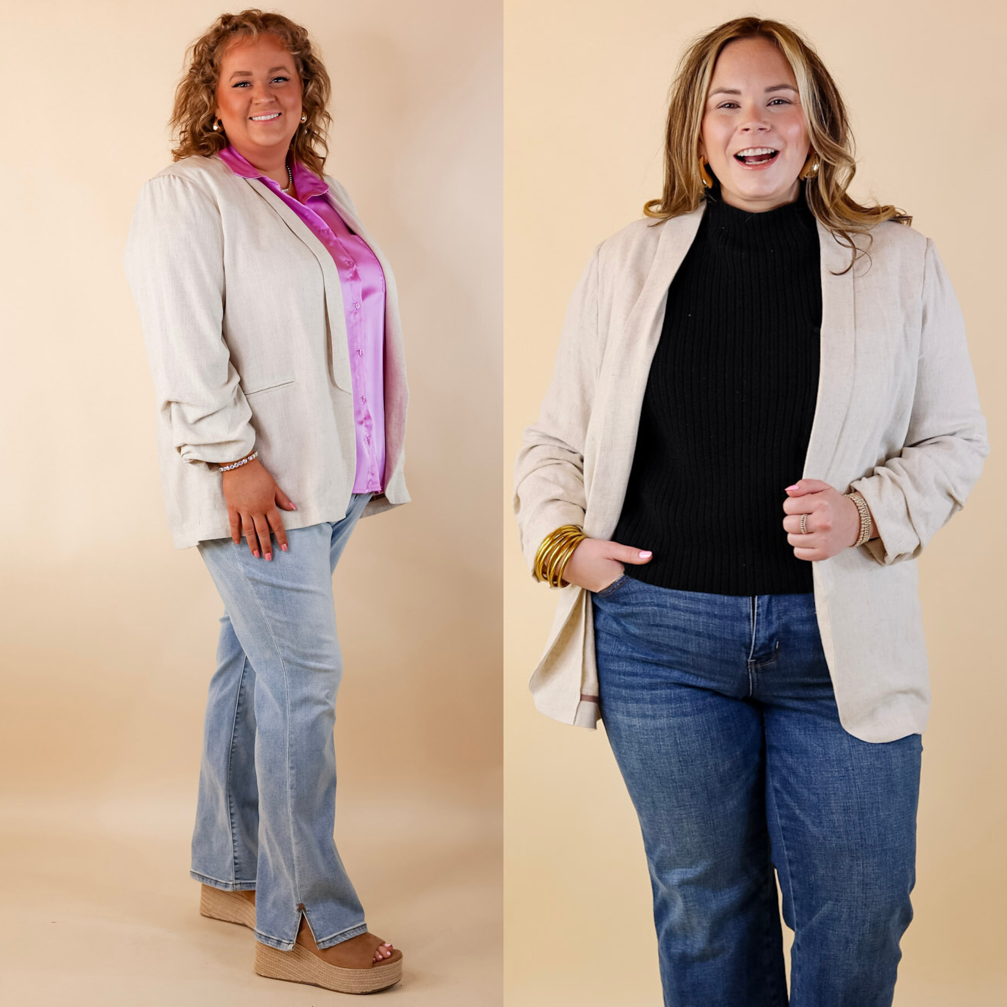 Promise Me Open Front Linen Blazer in Beige - Giddy Up Glamour Boutique