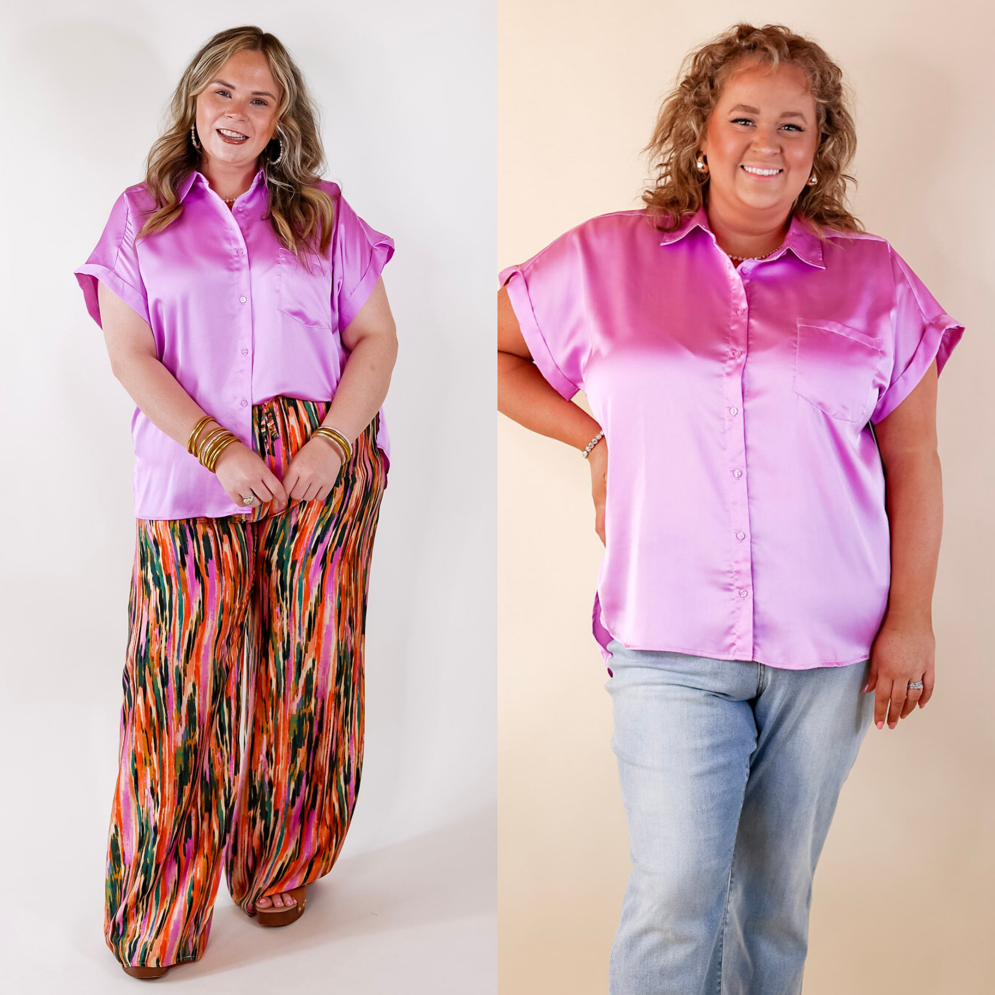 Free To Be Fab Button Up Short Sleeve Top in Lavender Purple - Giddy Up Glamour Boutique