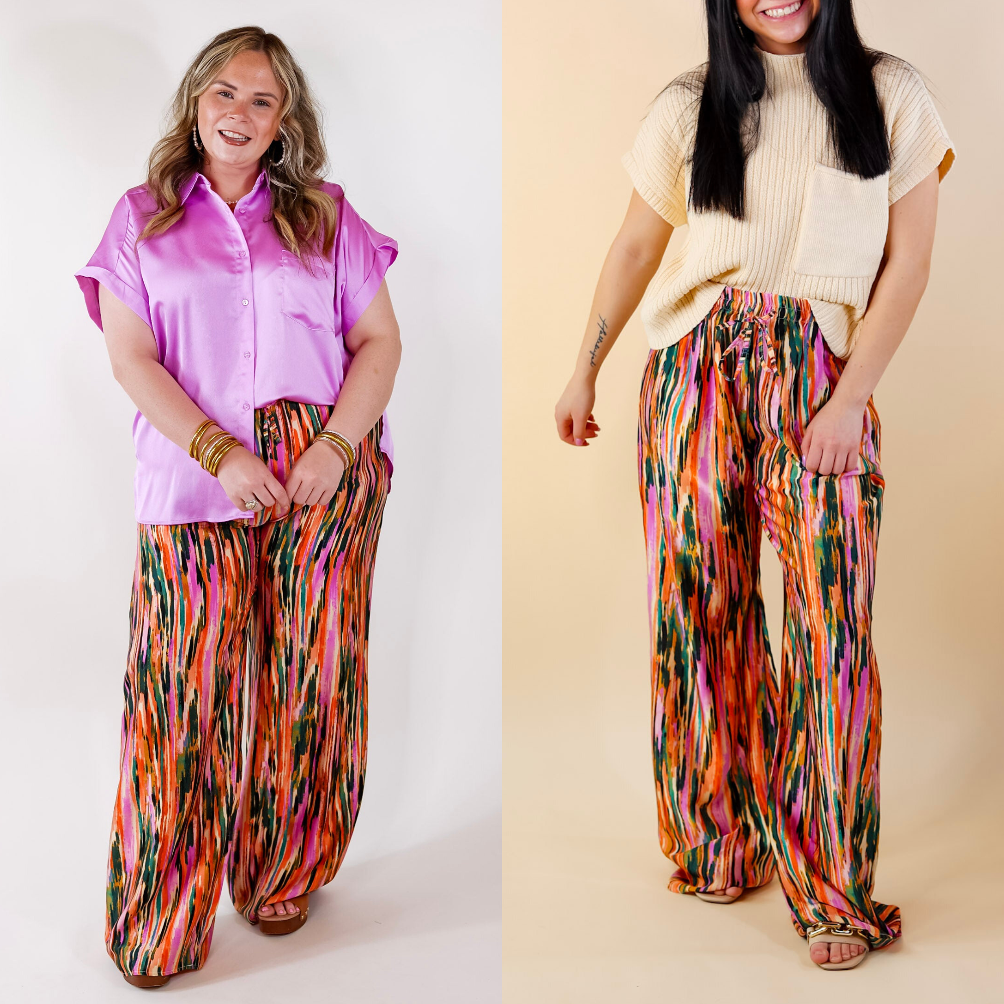 Garden Gypsy Satin Pants with a Tie in Orchid Purple Mix - Giddy Up Glamour Boutique
