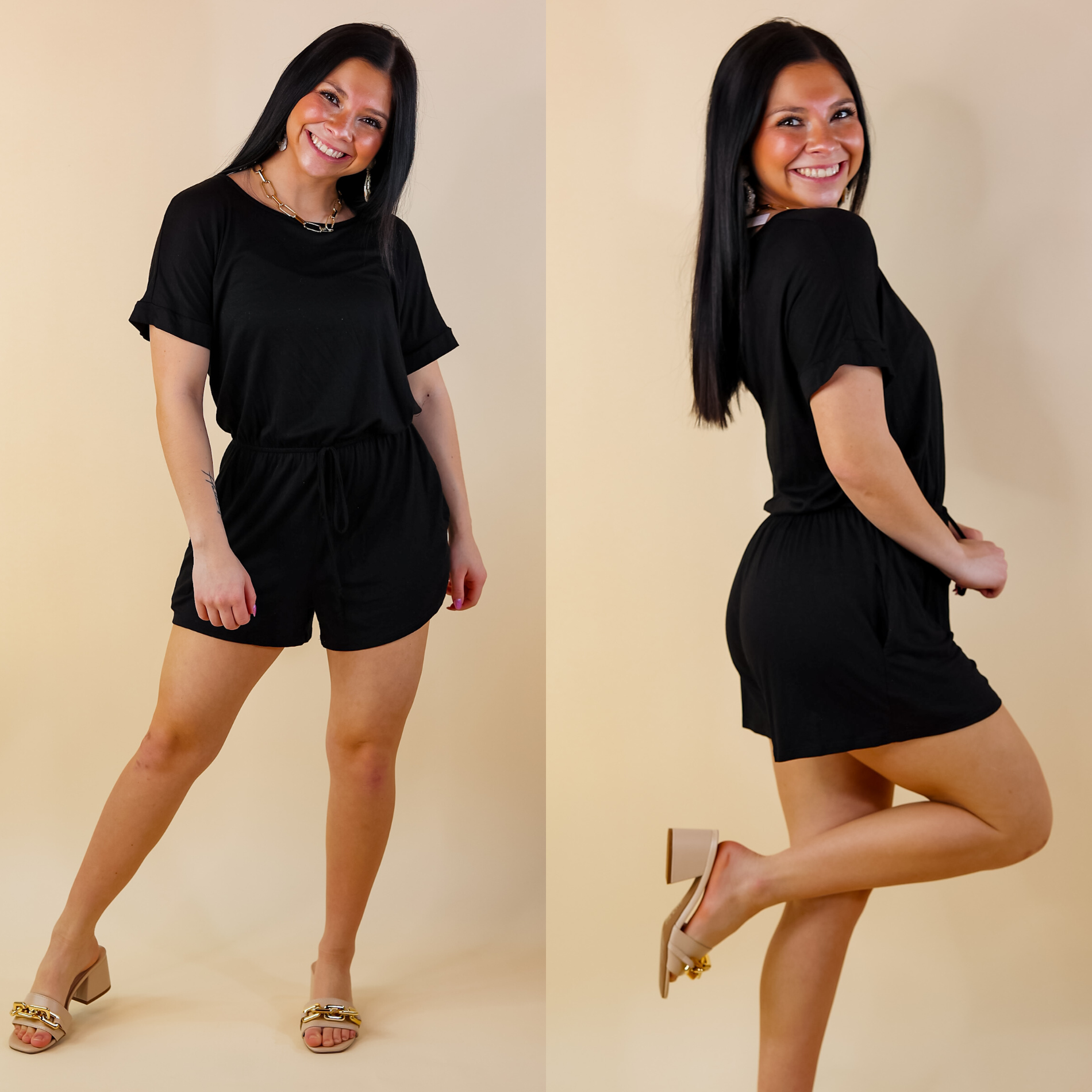 Let Me Loose Short Sleeve Drawstring Waist Tee Shirt Romper in Black - Giddy Up Glamour Boutique