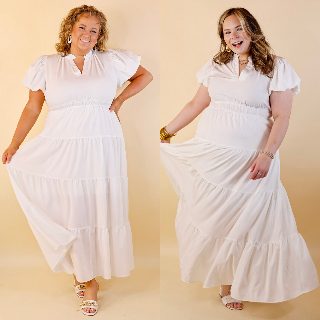 Table for Two Tiered Maxi Dress with Puff Sleeves in White - Giddy Up Glamour Boutique