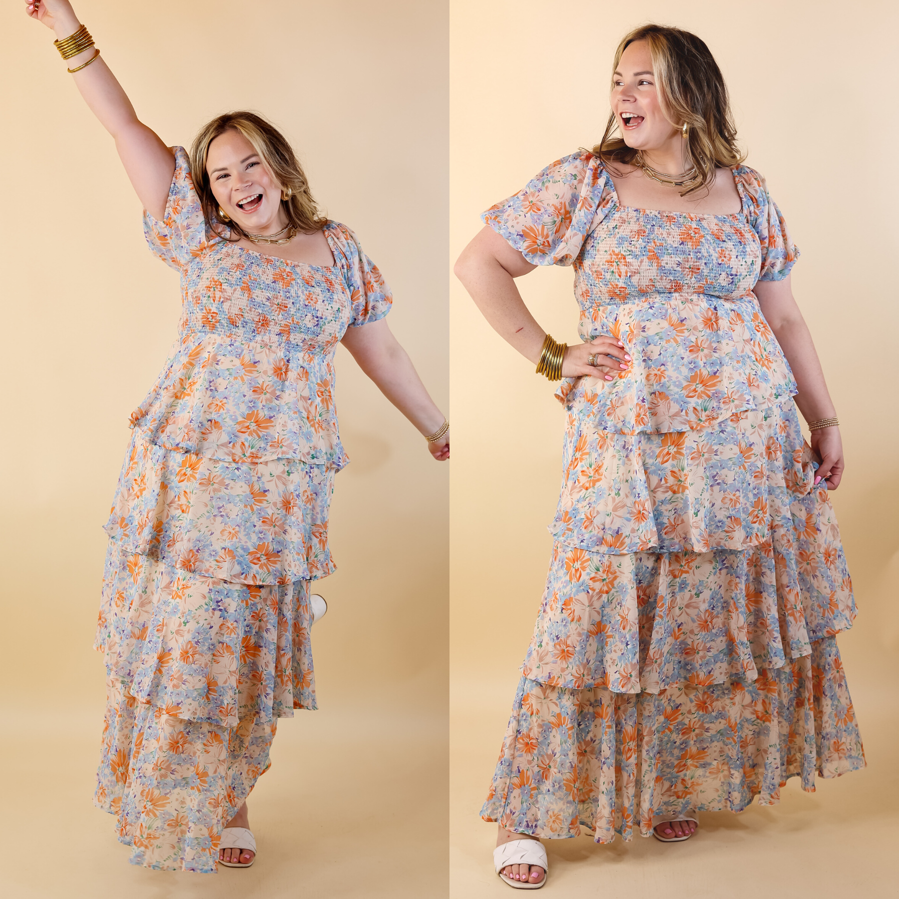 Fun Feeling Floral Tiered Maxi Dress with Smocked Balloon Sleeves in Orange Mix - Giddy Up Glamour Boutique
