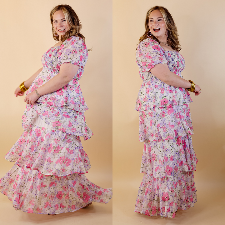 Fun Feeling Floral Tiered Maxi Dress with Smocked Balloon Sleeves in Pink Mix - Giddy Up Glamour Boutique