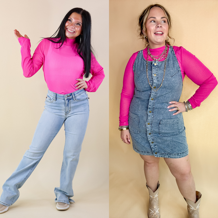 Plus Sizes | Try Your Luck Glitter Mesh Long Sleeve Bodysuit in Pink - Giddy Up Glamour Boutique