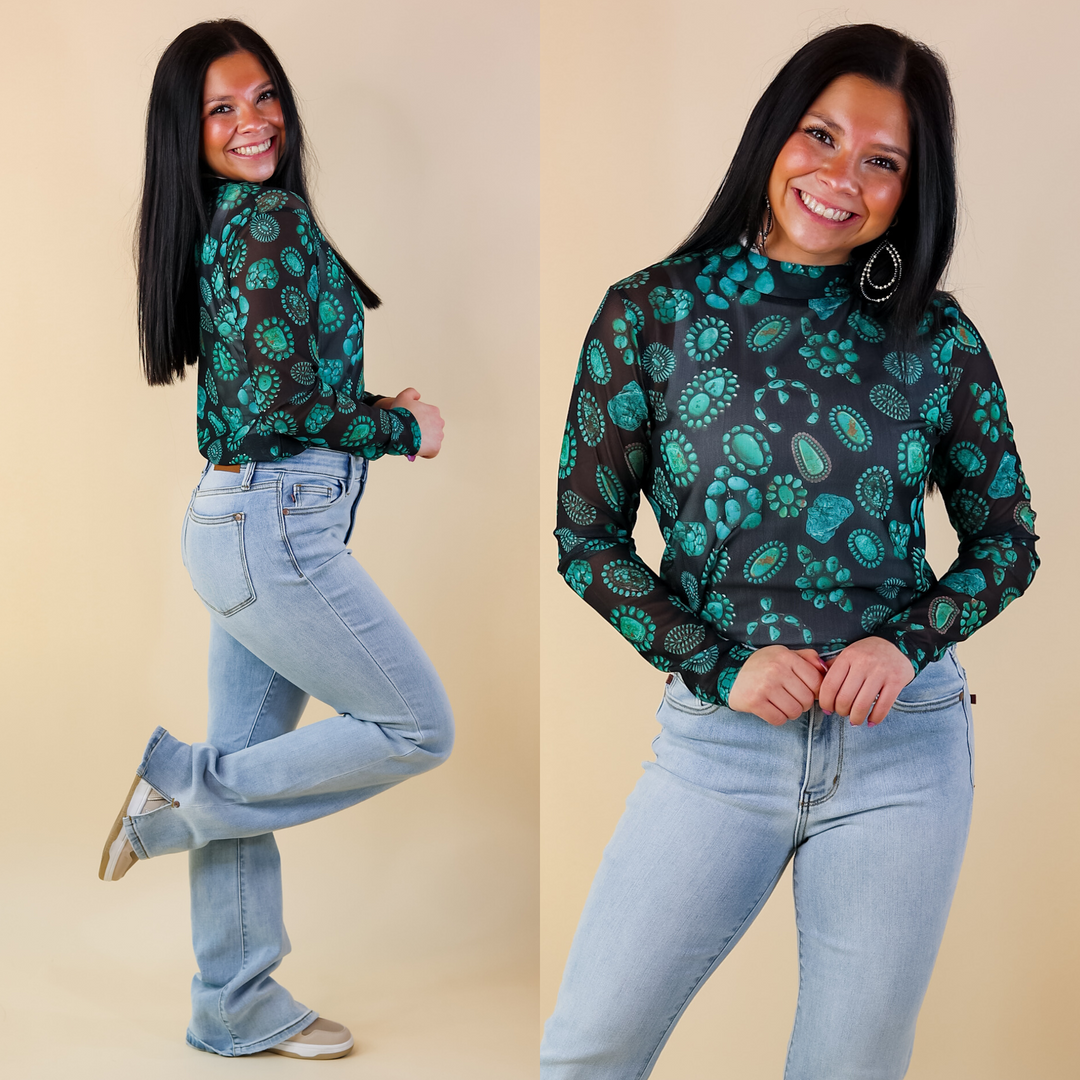Rodeo Drive Mesh Turquoise Stone Long Sleeve Top in Black - Giddy Up Glamour Boutique