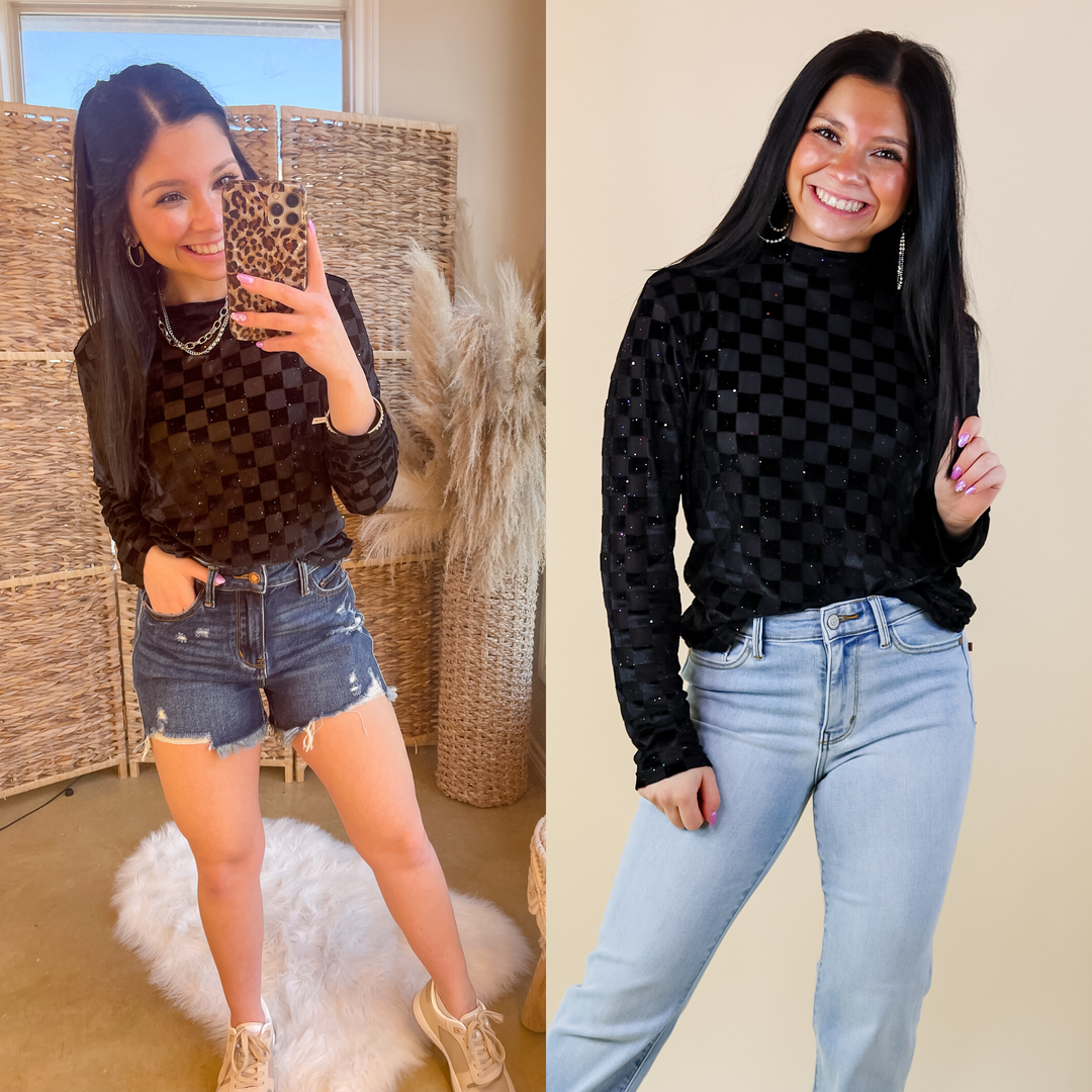 Rodeo Drive Mesh Checkered Print with Glitter Long Sleeve Top in Black - Giddy Up Glamour Boutique