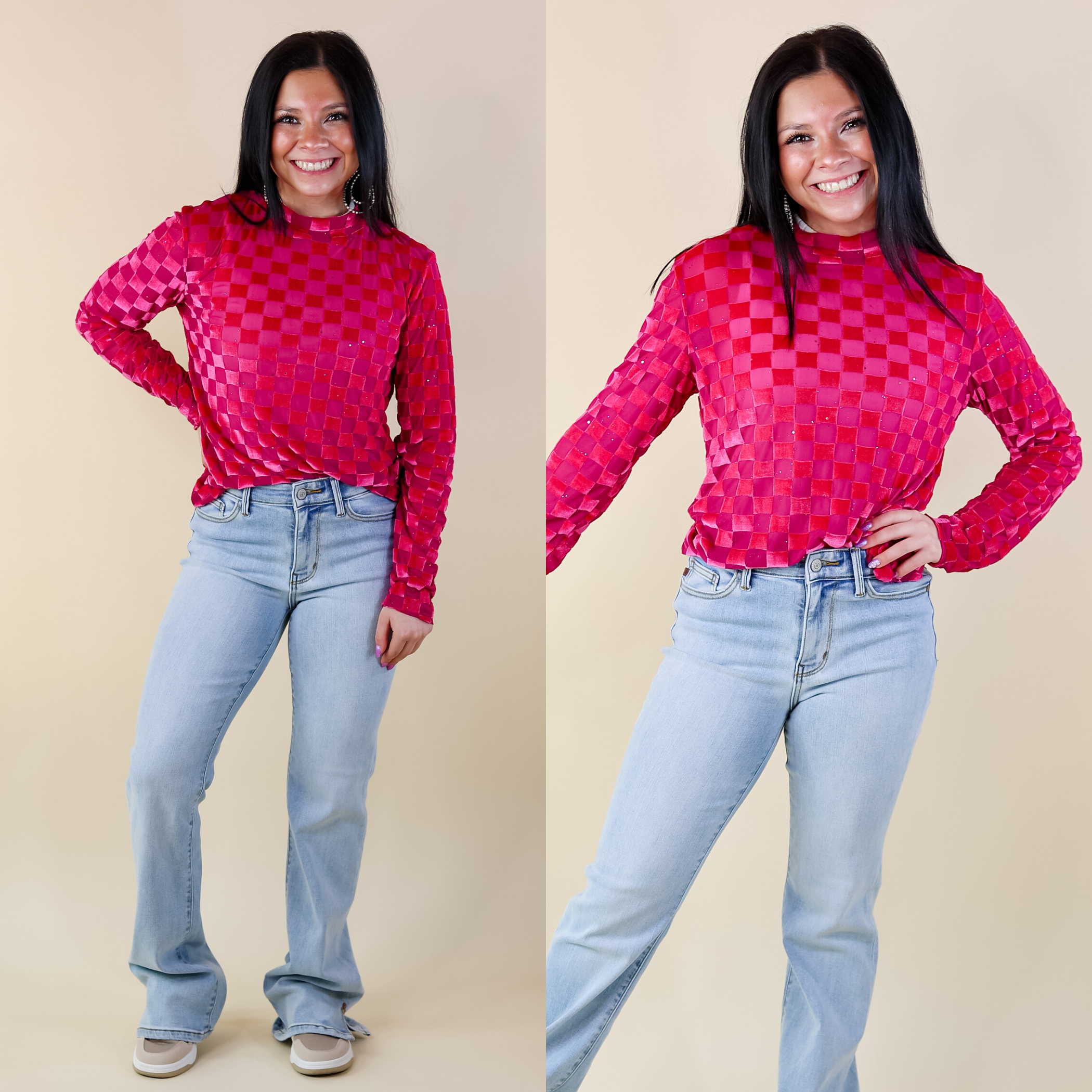 Rodeo Drive Mesh Checkered Print with Glitter Long Sleeve Top in Pink