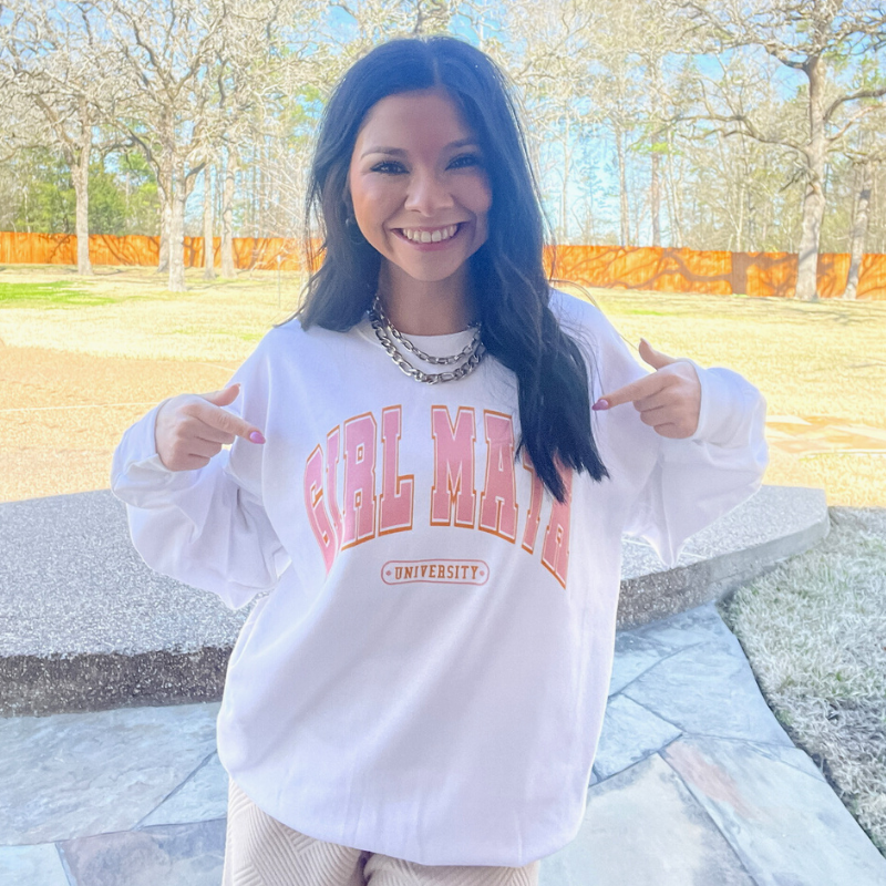 Online Exclusive | Girl Math University Long Sleeve Graphic Sweatshirt in White - Giddy Up Glamour Boutique