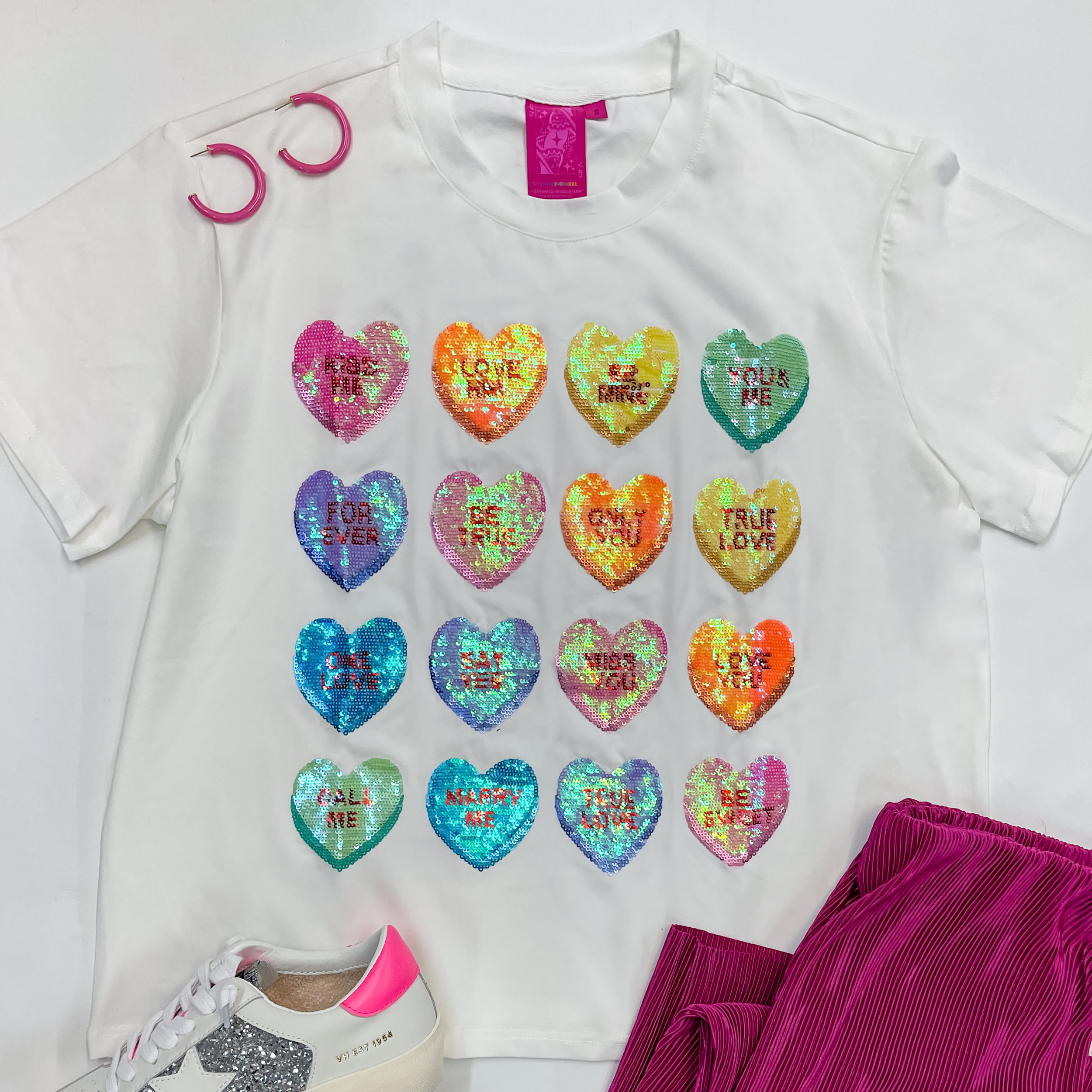 Queen Of Sparkles | Conversation Heart Sequin Top in White - Giddy Up Glamour Boutique