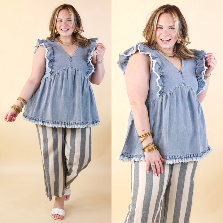 Name Of The Game Denim Ruffle Cap Sleeve Top in Medium Wash - Giddy Up Glamour Boutique
