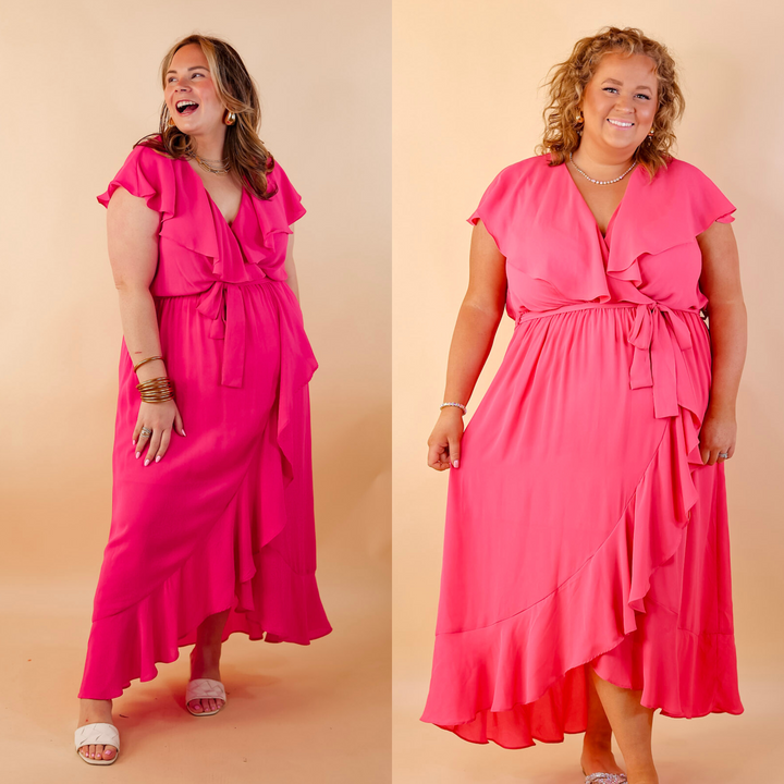 Tranquil Touch Ruffle Midi Dress with Waist Tie in Pink - Giddy Up Glamour Boutique