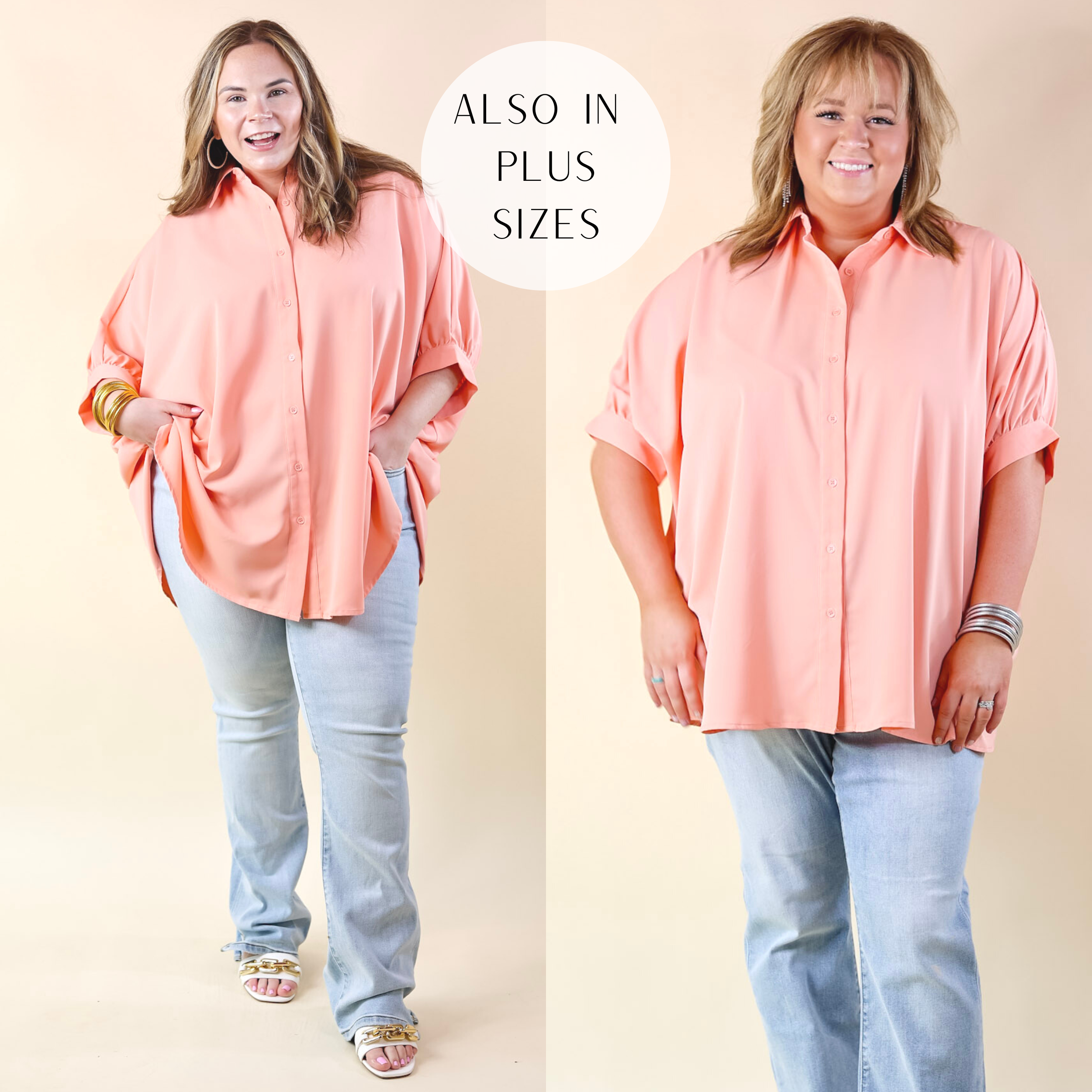 City Lifestyle Button Up Half Sleeve Poncho Top in Peach Fuzz - Giddy Up Glamour Boutique