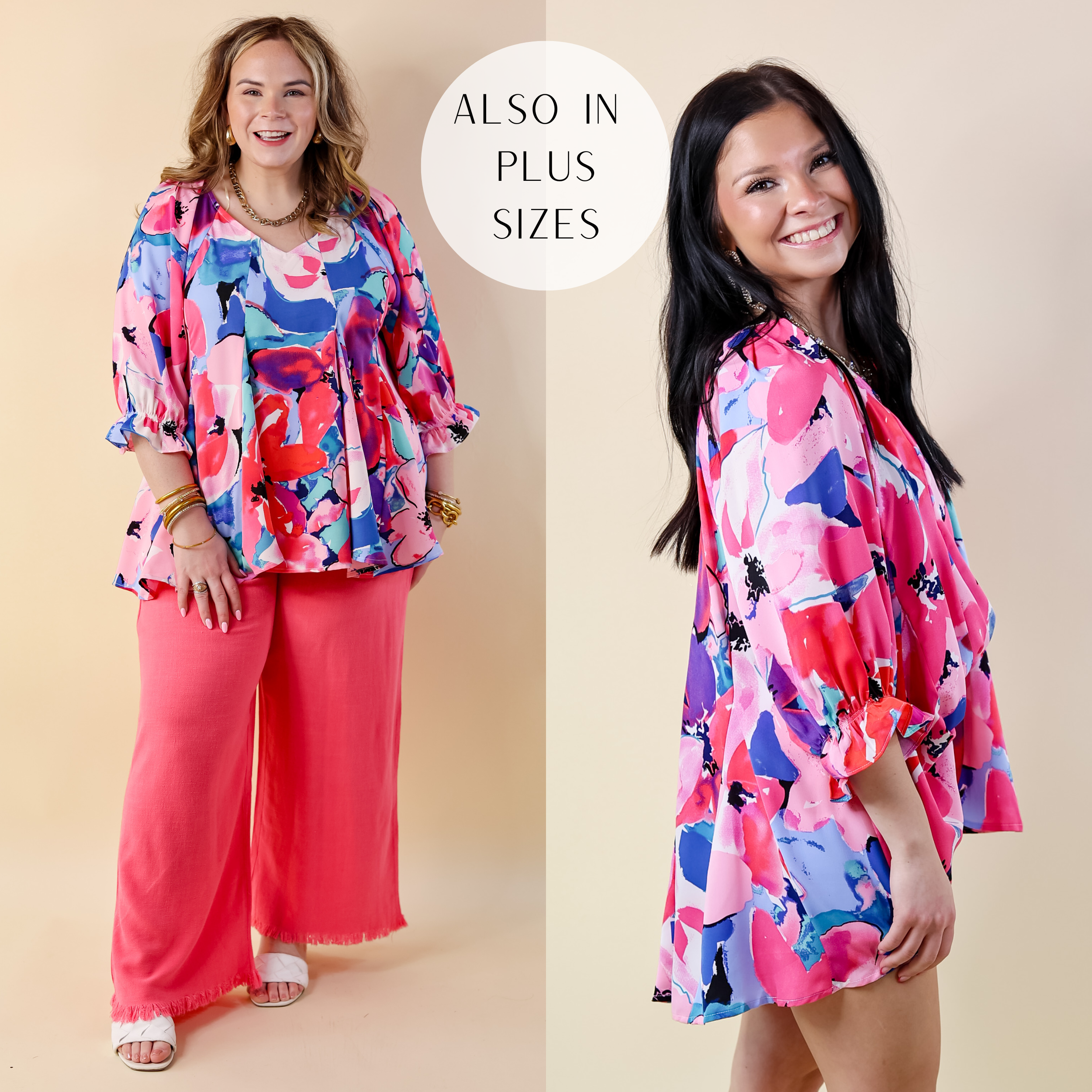 Blooming Love Floral V Neck Top with Half Sleeves in Pink Mix - Giddy Up Glamour Boutique