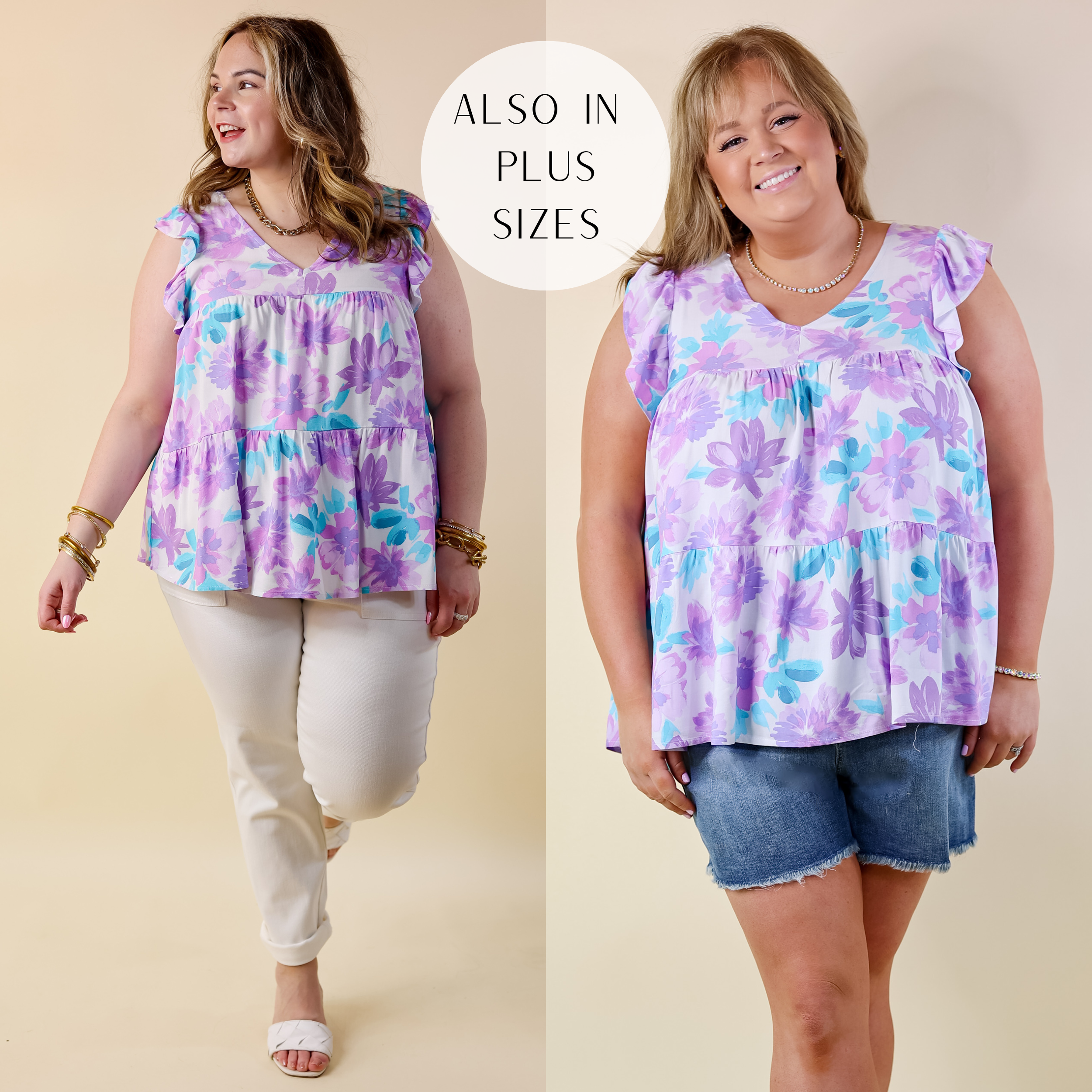 Inspiring Sights Floral V Neck Top with Ruffle Cap Sleeves in Lavender Purple - Giddy Up Glamour Boutique