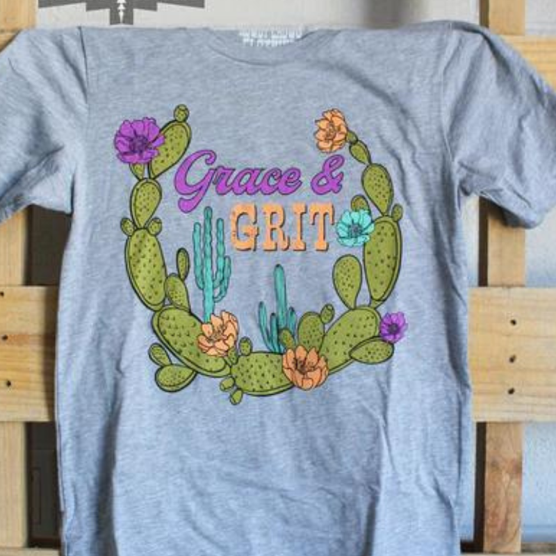 Online Exclusive | Grace & Grit Short Sleeve Graphic Tee in Grey - Giddy Up Glamour Boutique