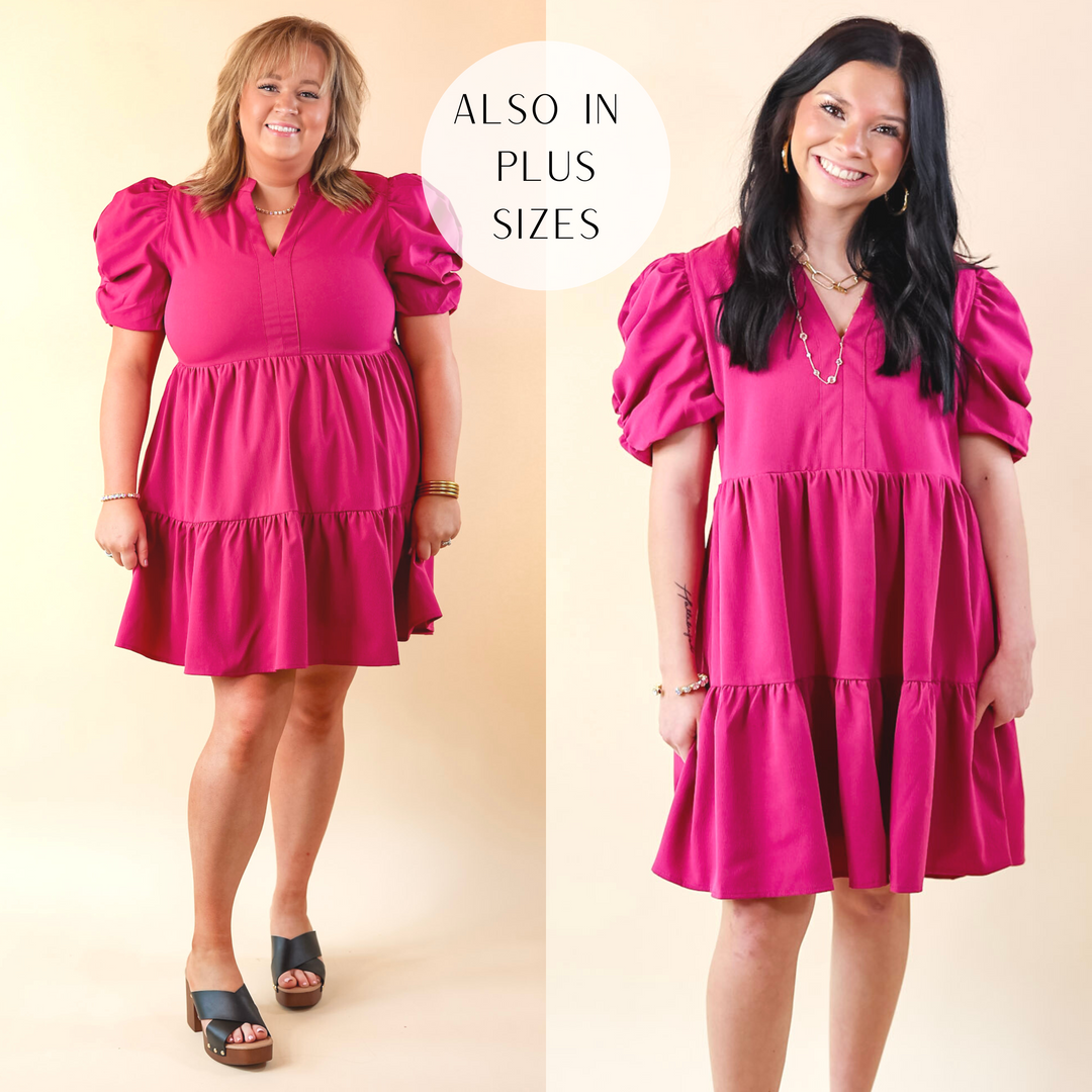 Call Me Chic Balloon Sleeve Short Dress in Magenta Purple - Giddy Up Glamour Boutique