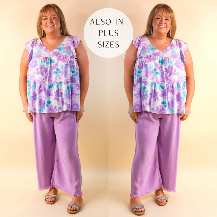 Right On Cue Drawstring Cropped Pants with Frayed Hem in Lavender Purple - Giddy Up Glamour Boutique