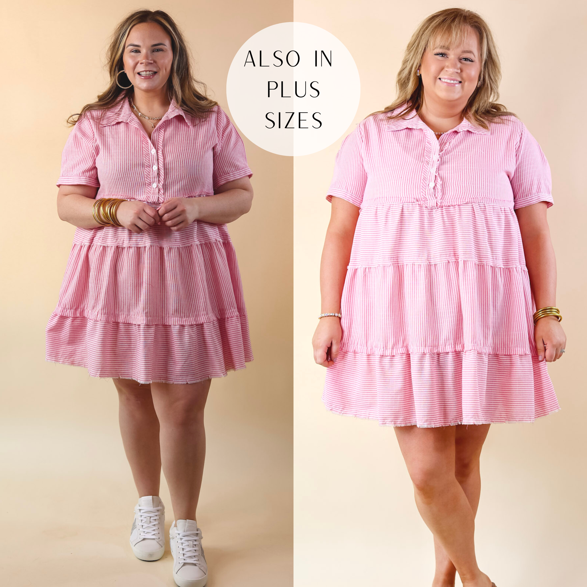Casual Greetings Collared Pinstripe Dress in Pink and White - Giddy Up Glamour Boutique