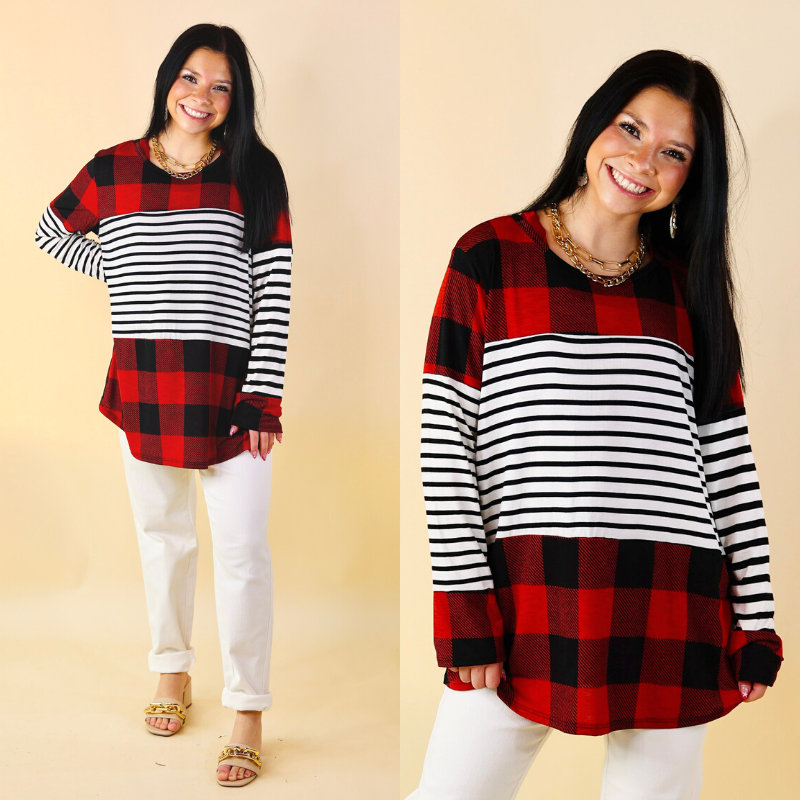 Blemished | Cozy Cabin Vibes Buffalo Plaid and Striped Print Block Top in Red, Ivory, and Black - Giddy Up Glamour Boutique