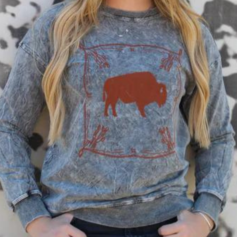 Online Exclusive | Blazing Buffalo Long Sleeve Sweater in Grey - Giddy Up Glamour Boutique