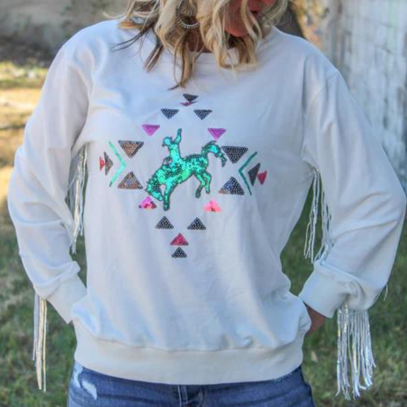 Online Exclusive | Casanova Sequin Fringe Long Sleeve Sweater in White - Giddy Up Glamour Boutique