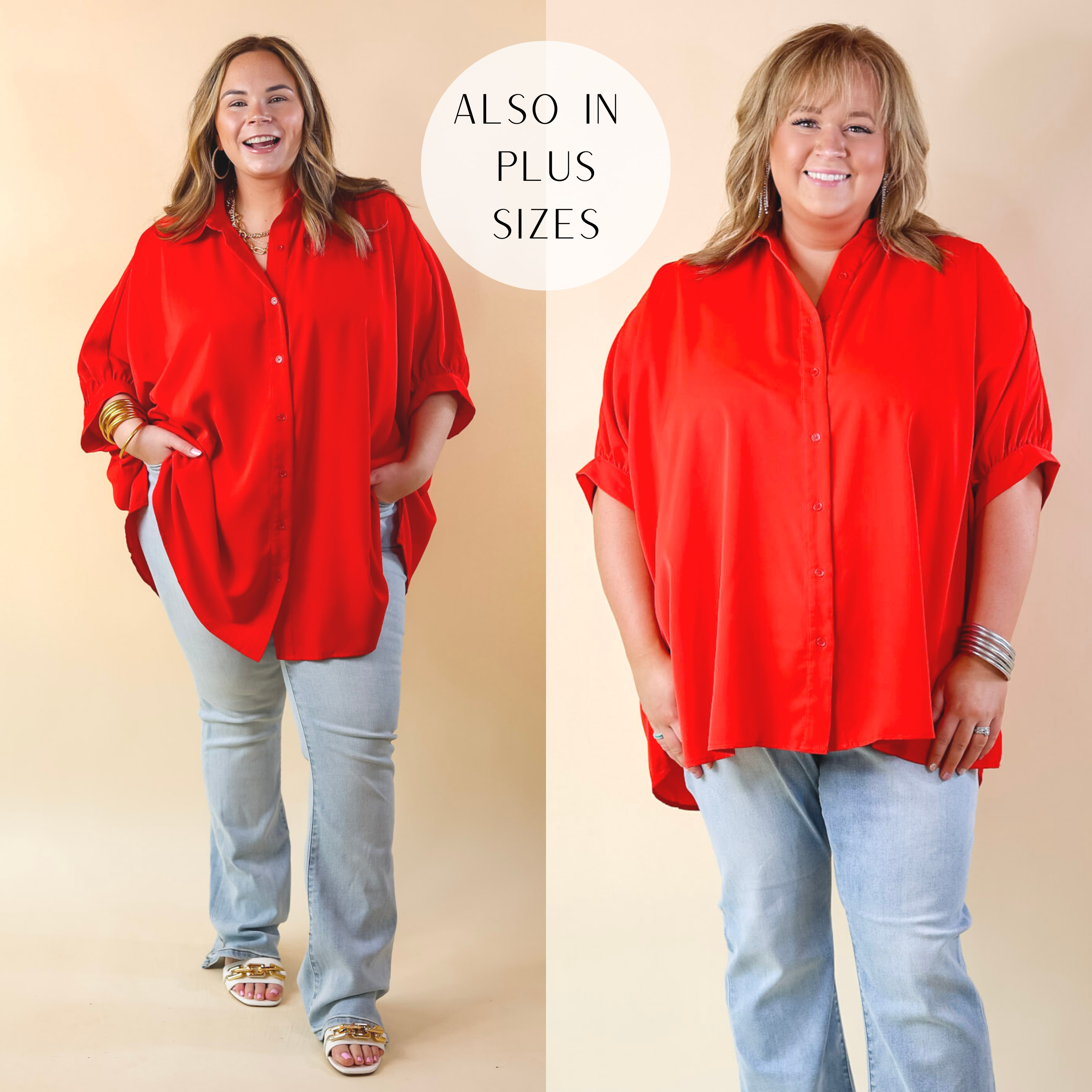 Button Up Half Sleeve Poncho Top in Red