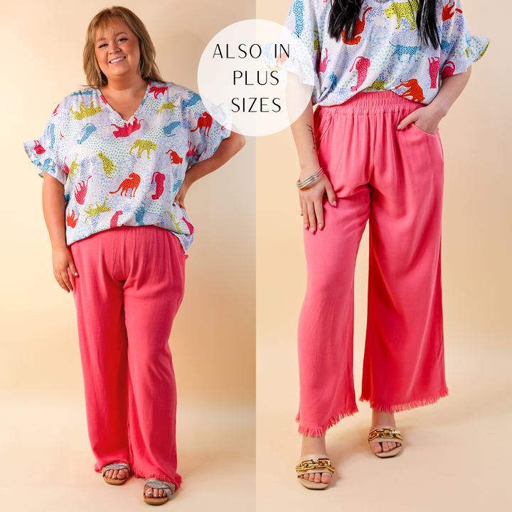 Right On Cue Drawstring Cropped Pants with Frayed Hem in Pink - Giddy Up Glamour Boutique